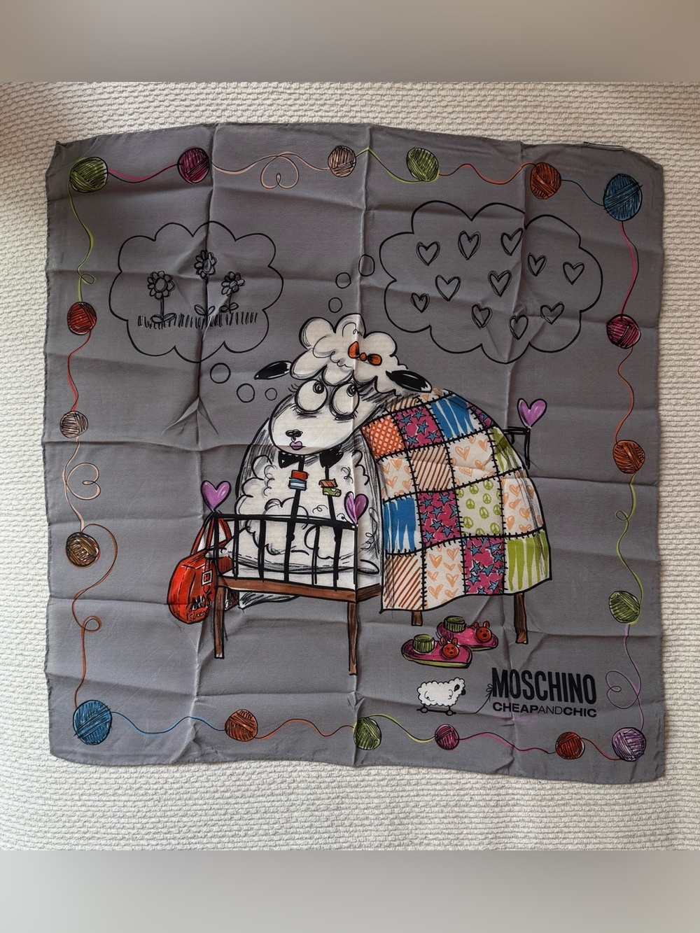 Moschino Silk Gray Throw with Colorful Patchwork Sheep